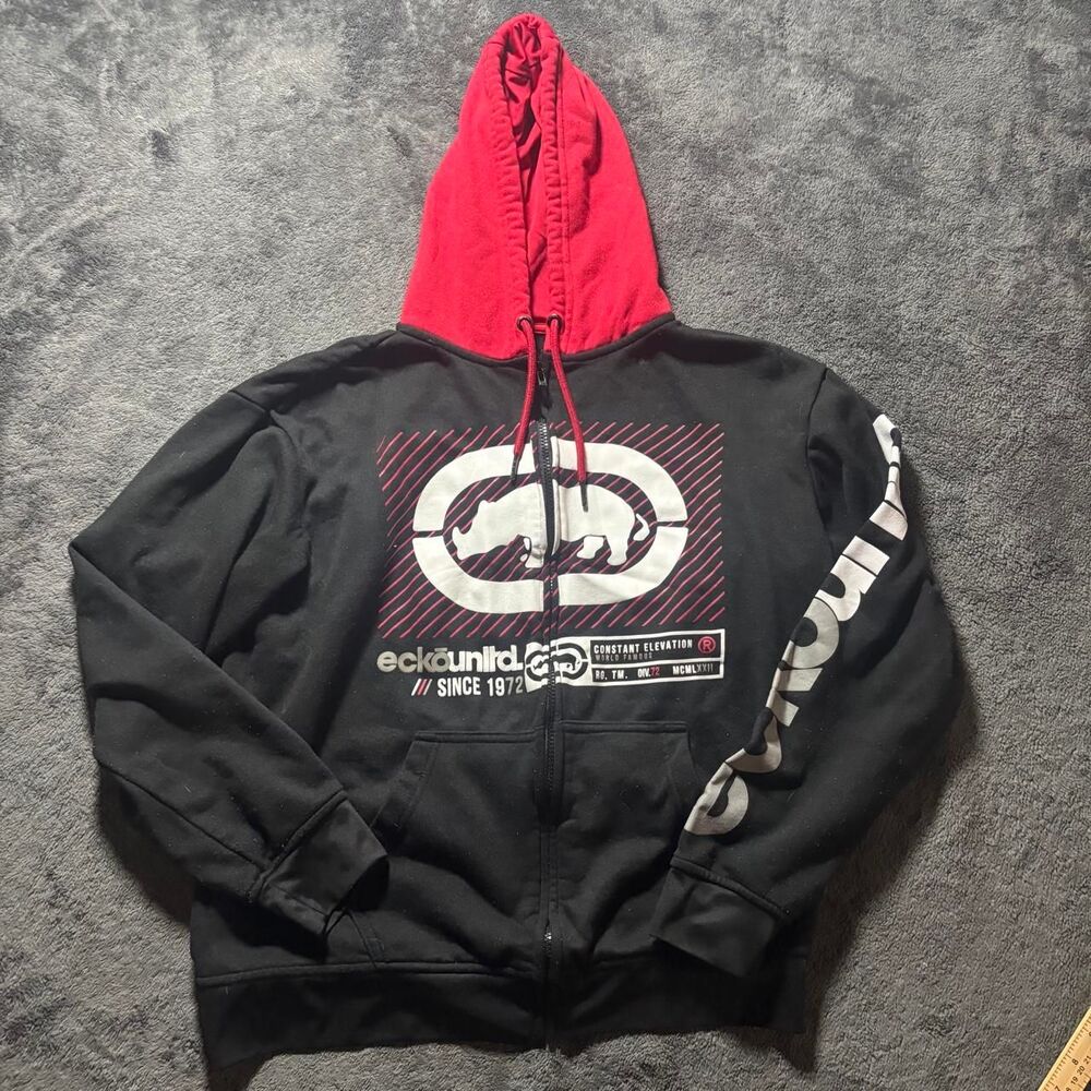 Vintage Ecko Unltd Rhino Graphic Full Zip Hoodie Men’s L Black Red Y2K
